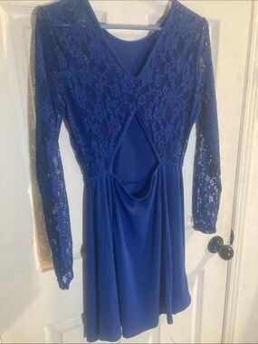 Royal Blue Lace Long-Sleeve Skater Dress